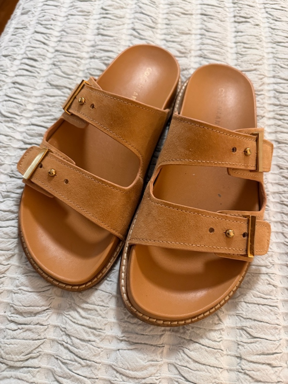 Cole Haan Tan Double-Strap Slide Sandals with Gold Buckles-EUC